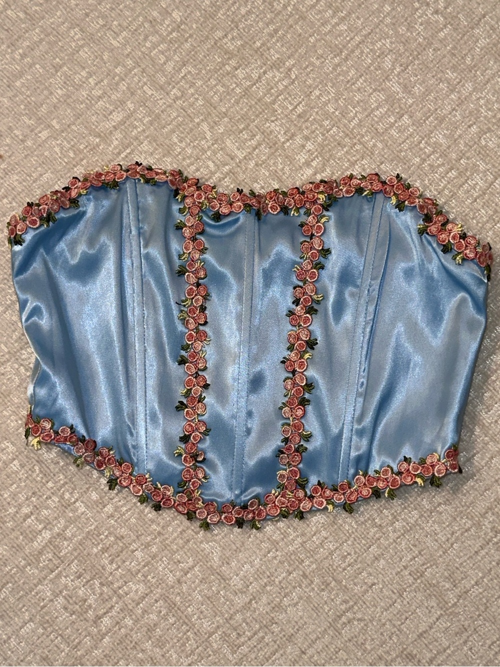 Satin Baby Blue Floral Trim Bustier Top